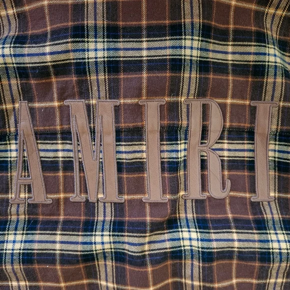 Amiri | Leather Logo Flannel Button Down Shirt | Brown | Mens | Size Large - Picture 11 of 16